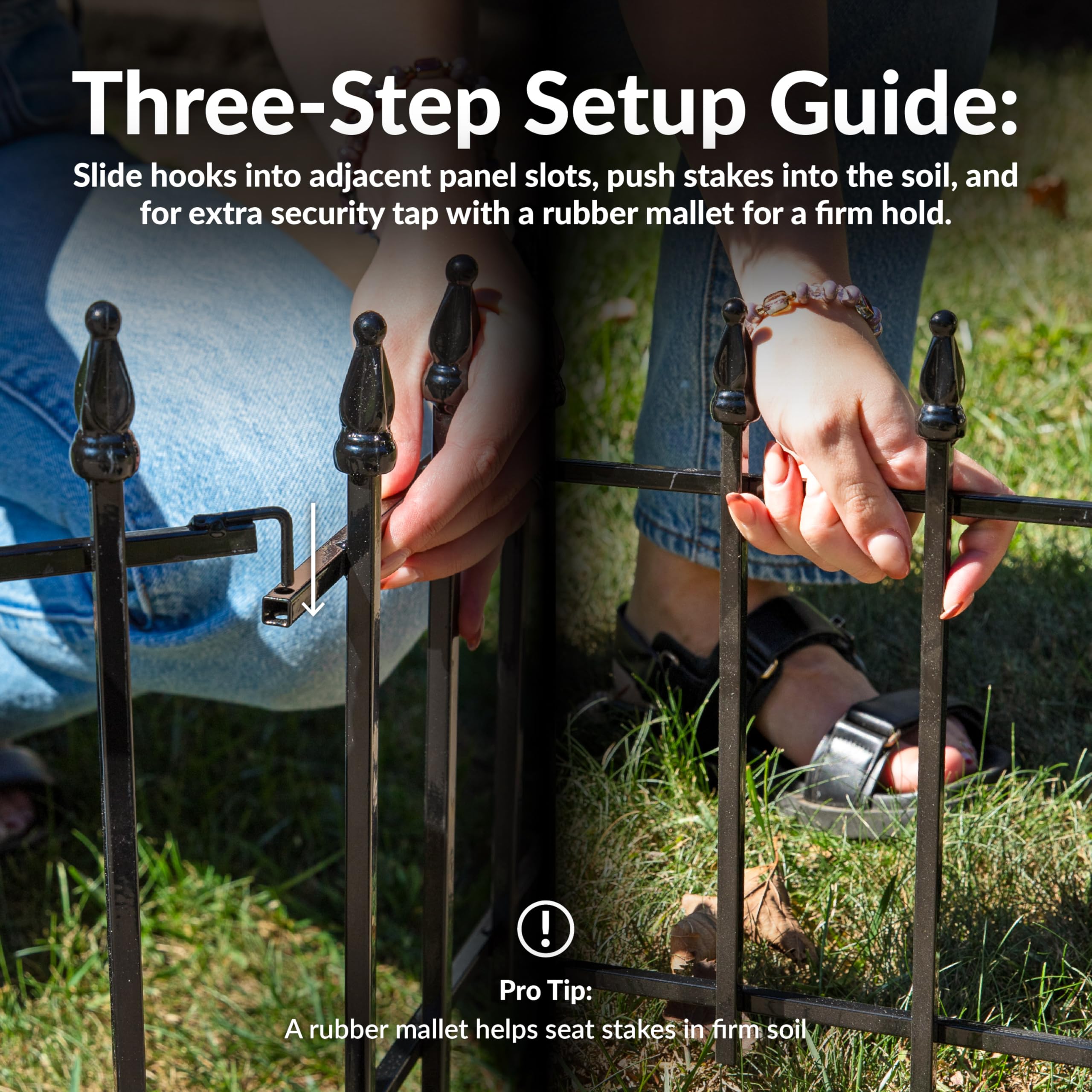 Sunnydaze stake legs inserted in soil demonstrating quick no-dig installation