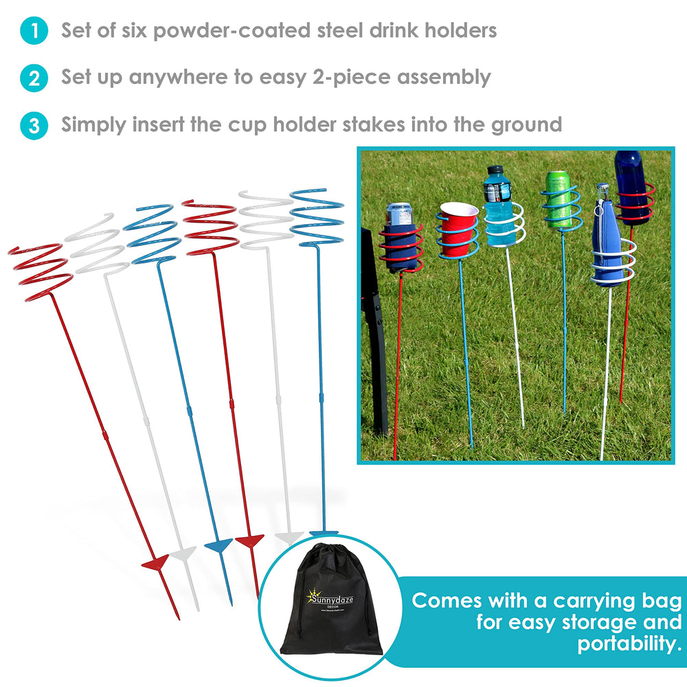 Sunnydaze stakes inserted in lawn keeping drinks stable and off wet ground benefit