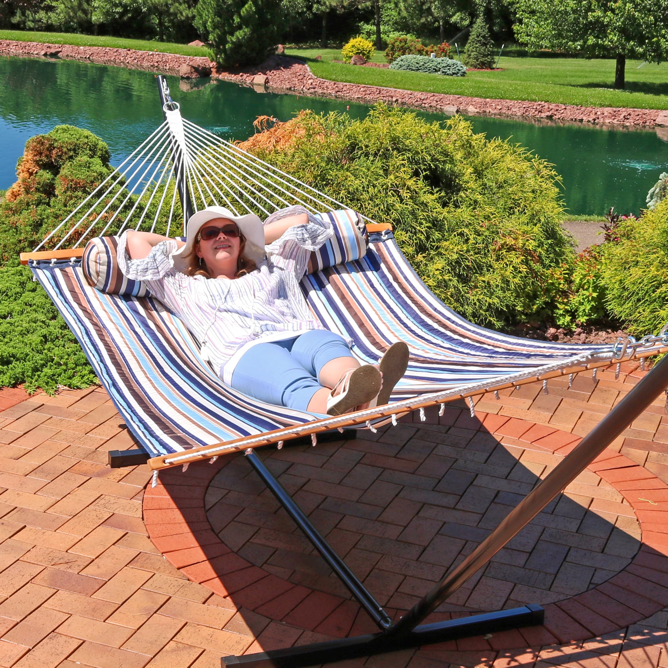 Sunnydaze Decor folded hammock ready for storage showing compact portability