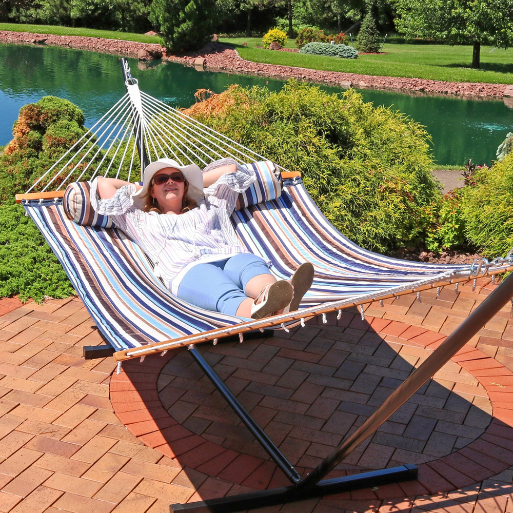 Sunnydaze Decor folded hammock ready for storage showing compact portability