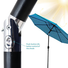 Sunnydaze tilt mechanism detail showing push-button tilt and easy angle adjustment benefit