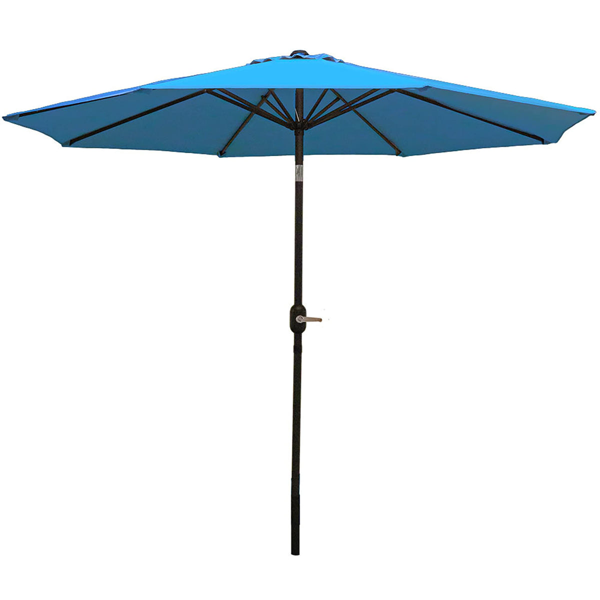 Sunnydaze turquoise umbrella front view showing full canopy and shaded table benefit