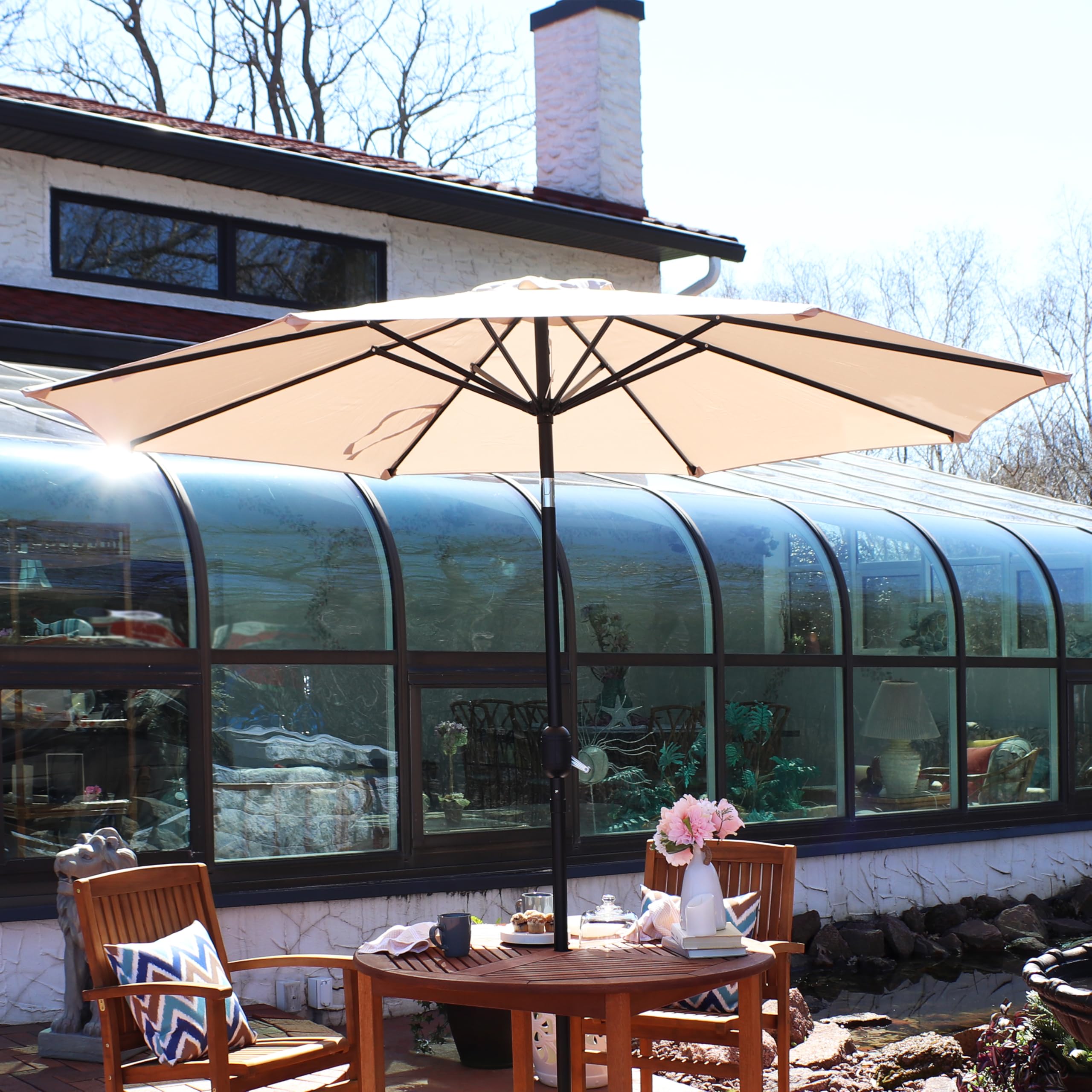 Sunnydaze umbrella on dining table creating comfortable shaded seating