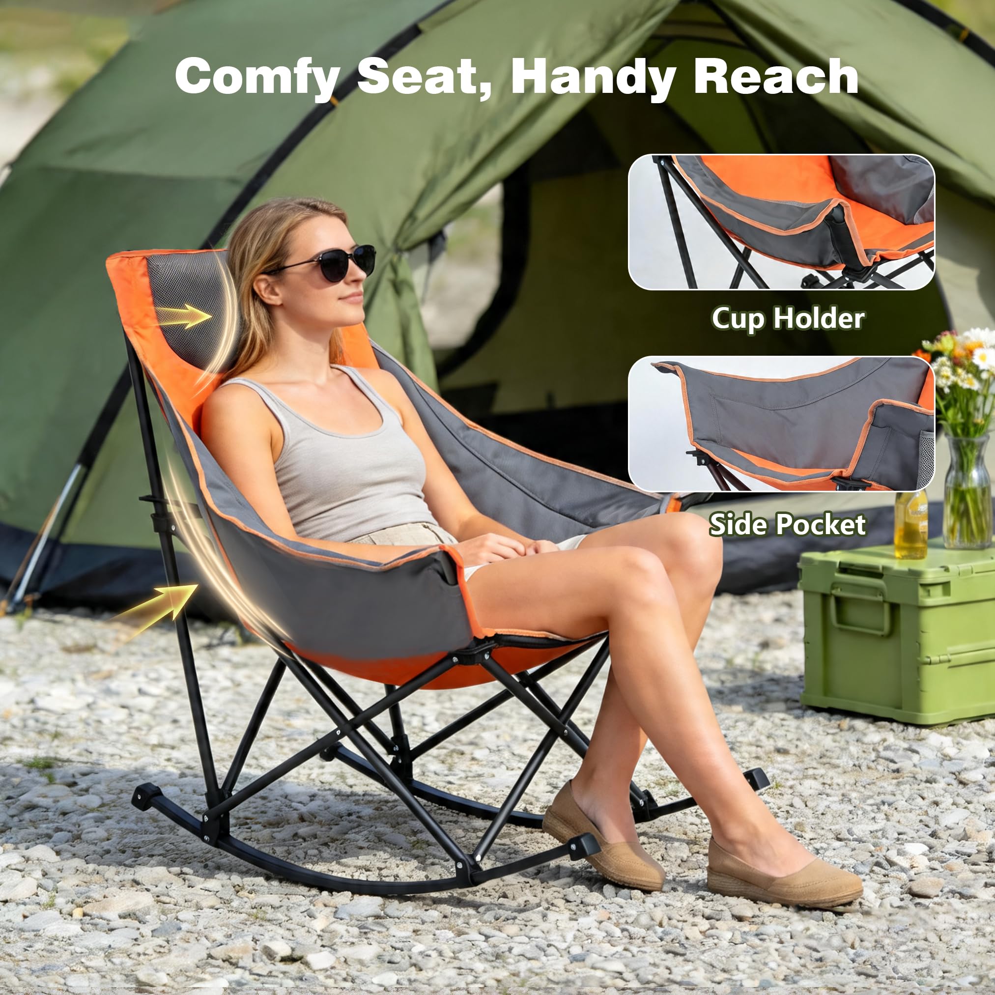 SUNNYFEEL chair in use at campsite demonstrating comfortable rocking and outdoor relaxation benefit