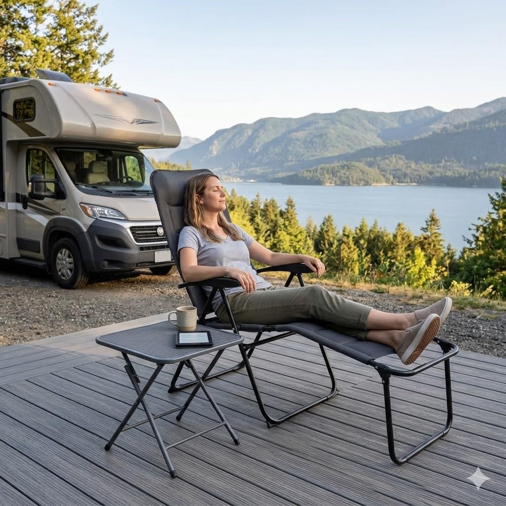 SUNNYFEEL folded chair and ottoman illustrating compact stackable storage