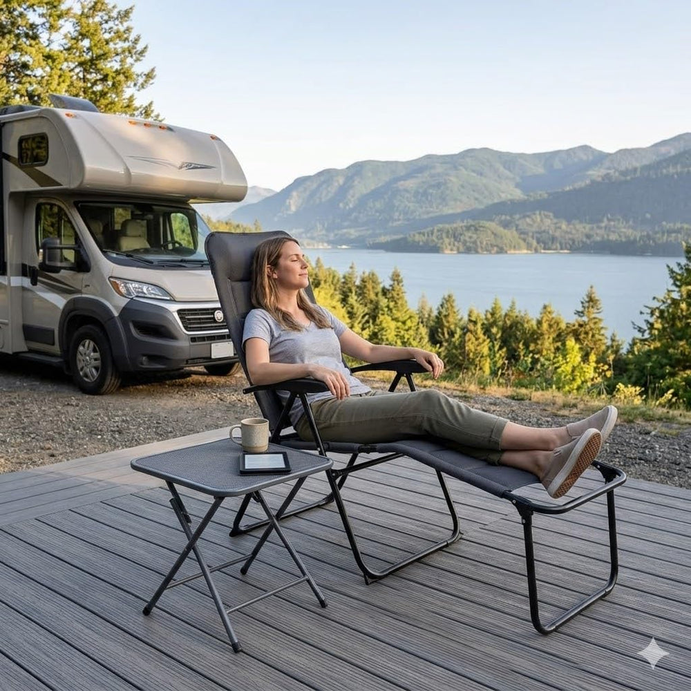 SUNNYFEEL folded chair and ottoman illustrating compact stackable storage