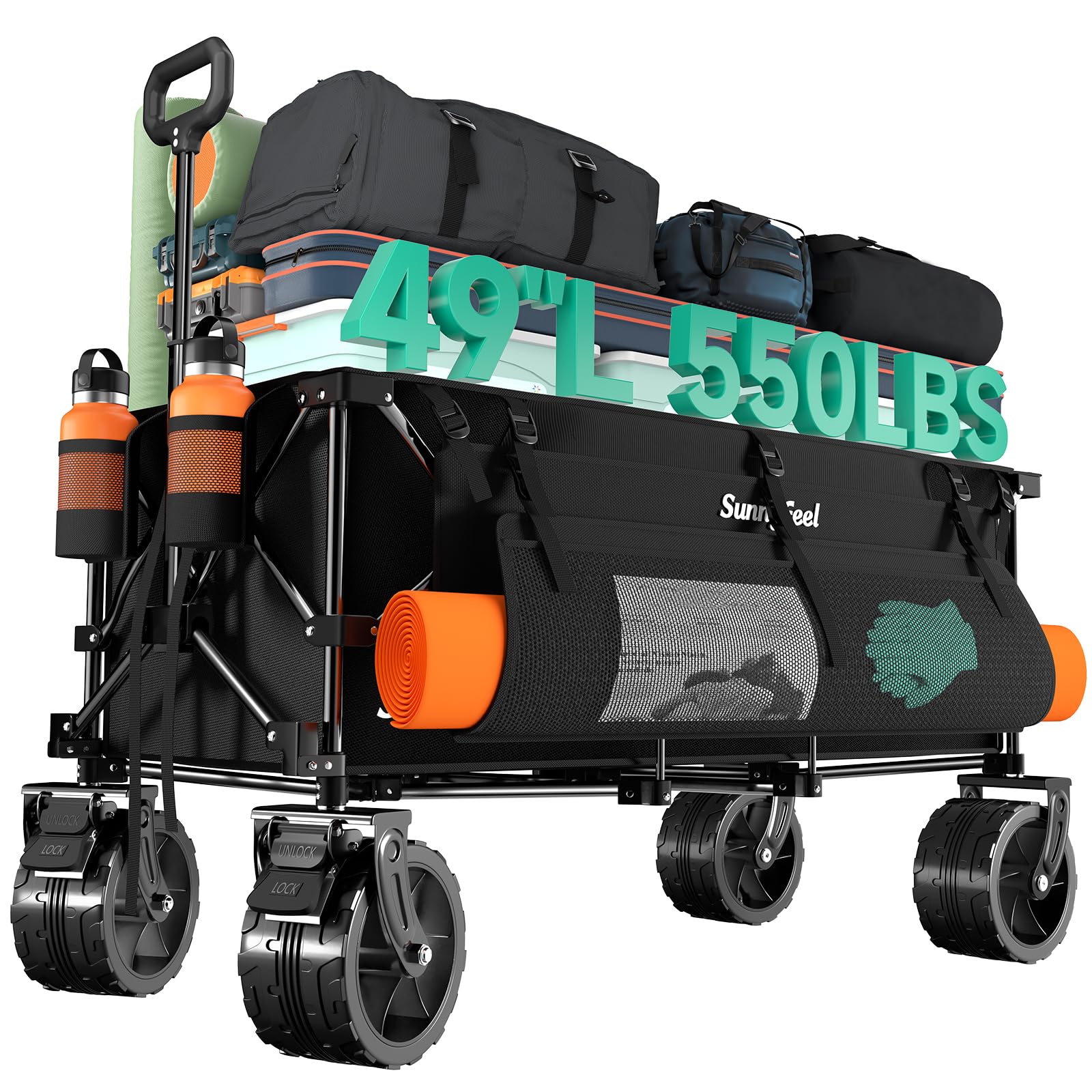 SUNNYFEEL front view of extended wagon showing roomy tub and frame durability