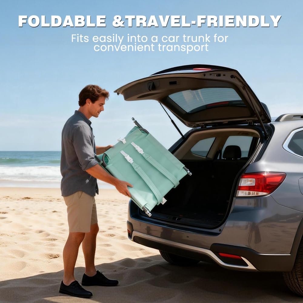 SUNNYFEEL lounger on beach in use showing tanning with canopy shade benefit
