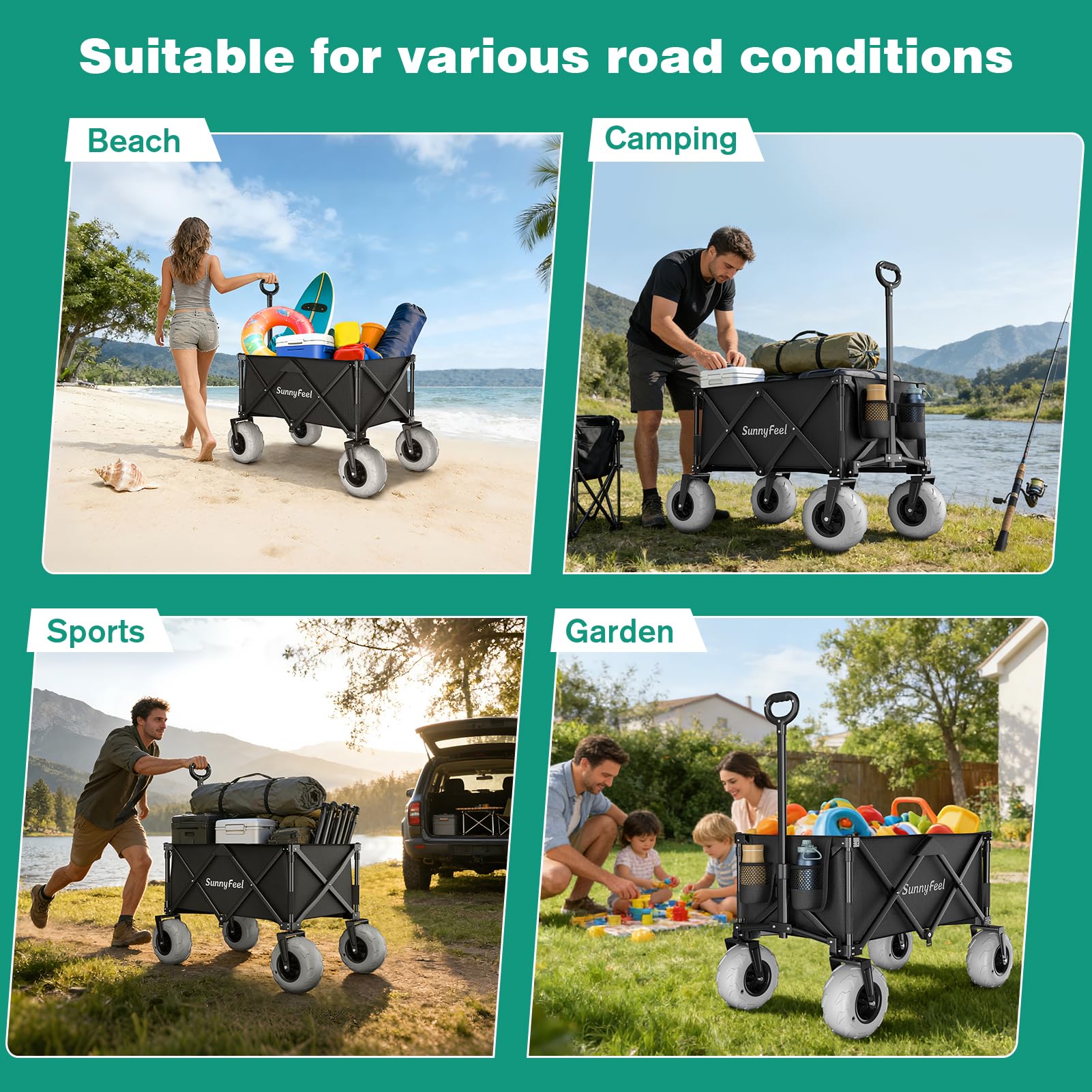 SUNNYFEEL family using wagon at beach showing convenience and capacity