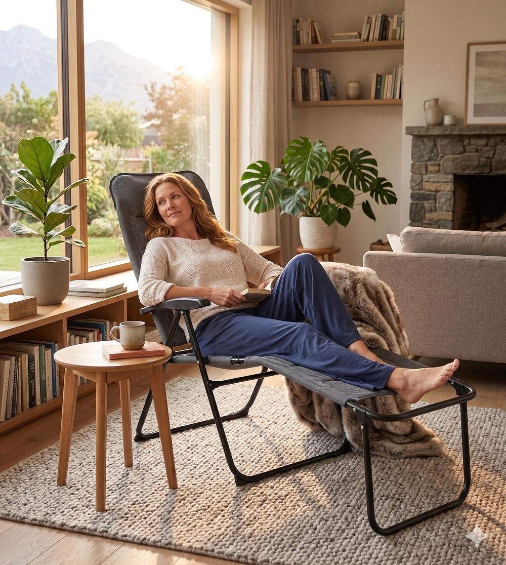SUNNYFEEL chair folded beside an RV trunk showing easy transport