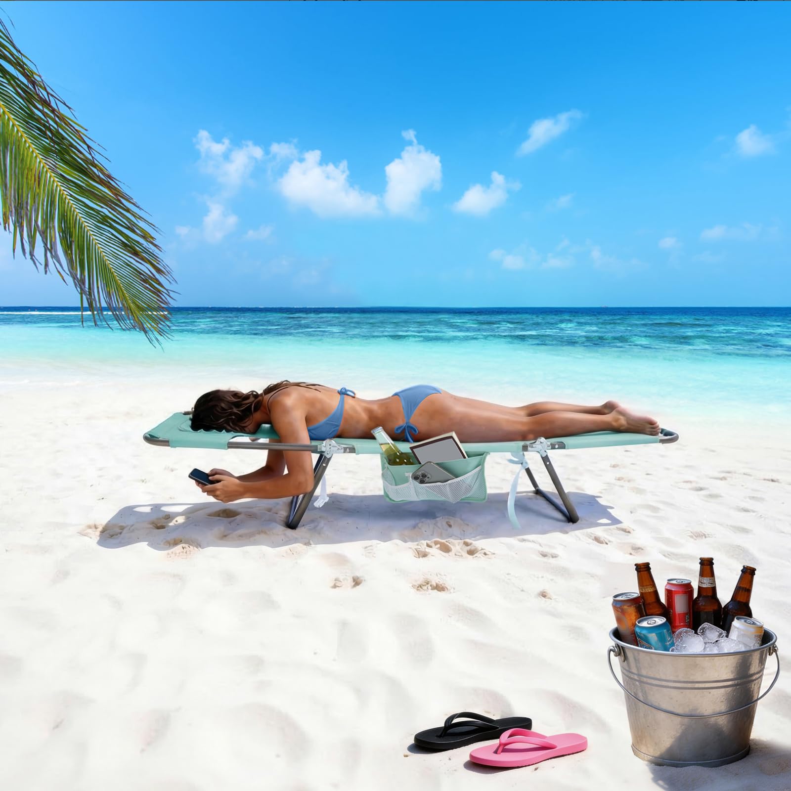 SUNNYFEEL lounger beside towel showing scale and portability benefit