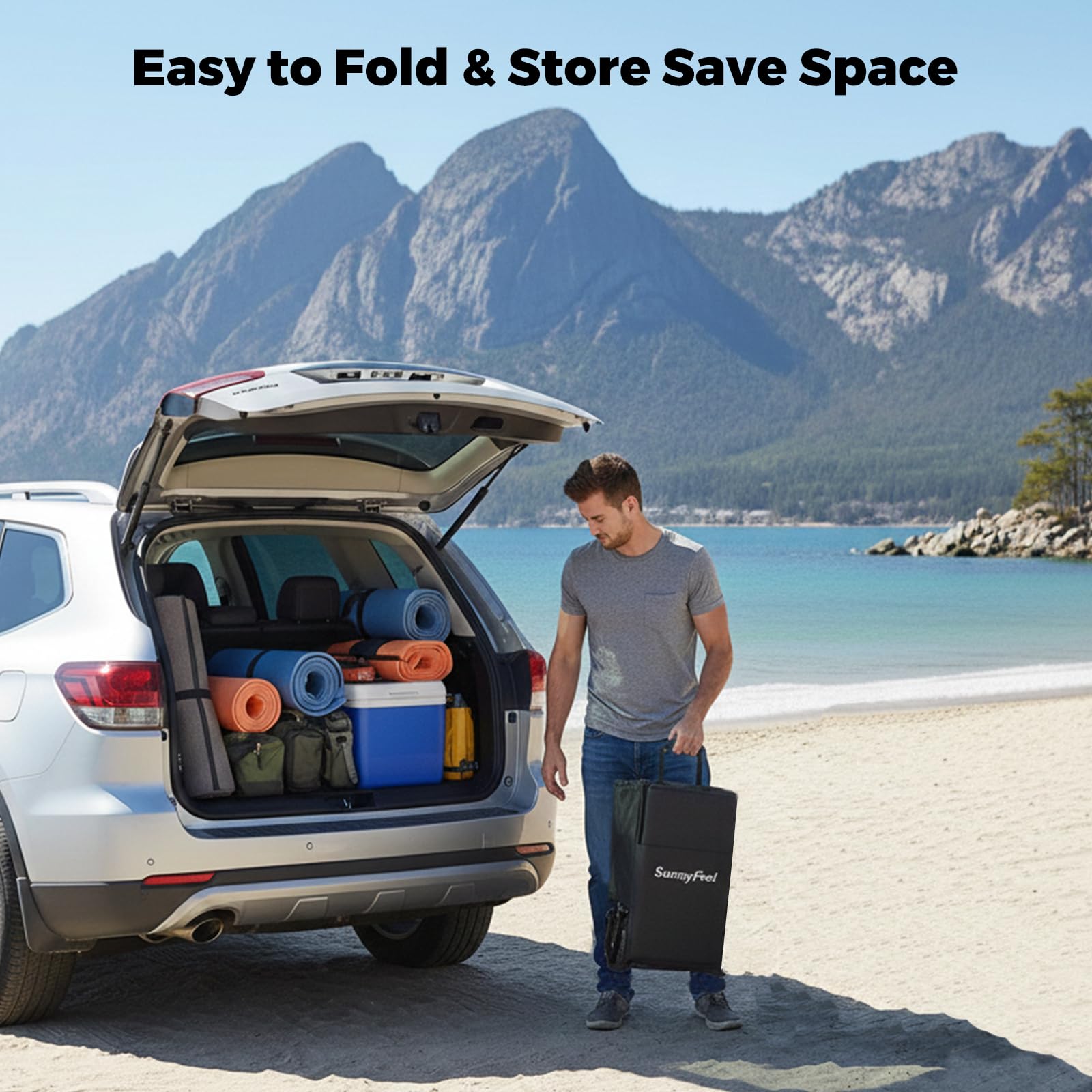 SUNNYFEEL wagon next to cooler and chair illustrating 300L capacity