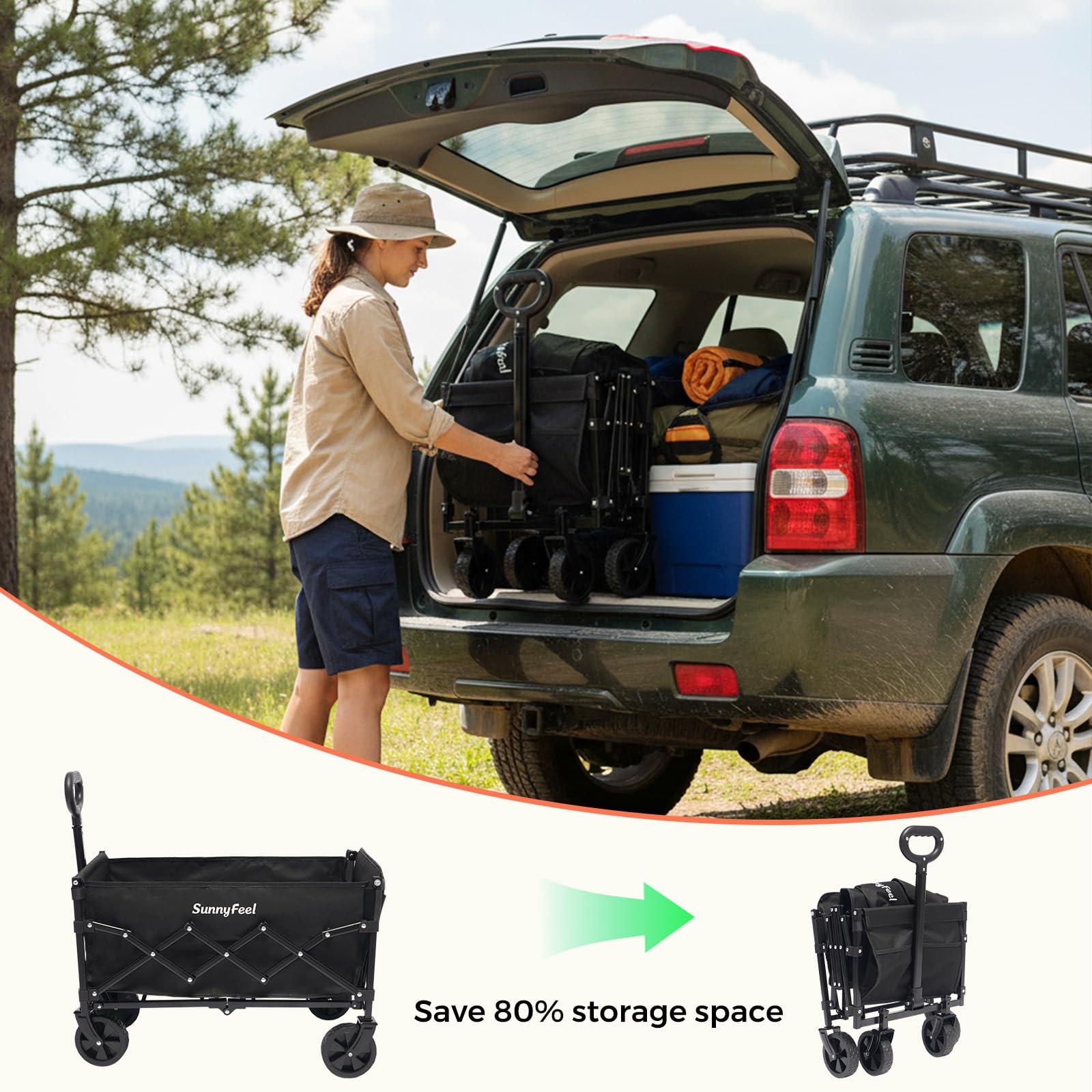 SUNNYFEEL wagon loaded at a beach demonstrating easy hauling for family outings