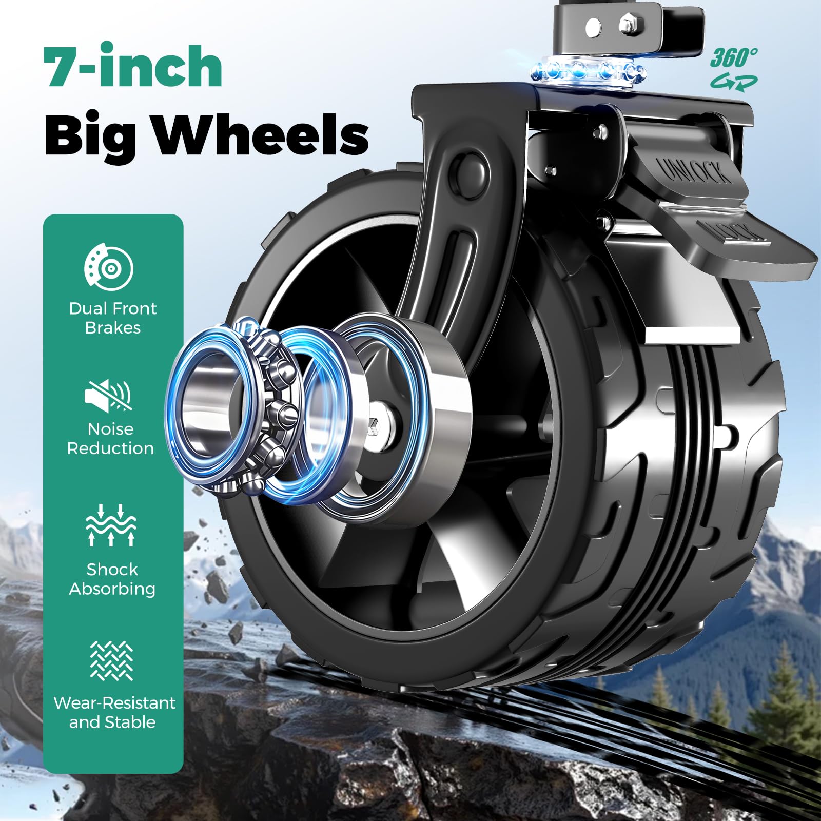 SUNNYFEEL close-up of wide 7x4 wheel assembly for smooth terrain rolling