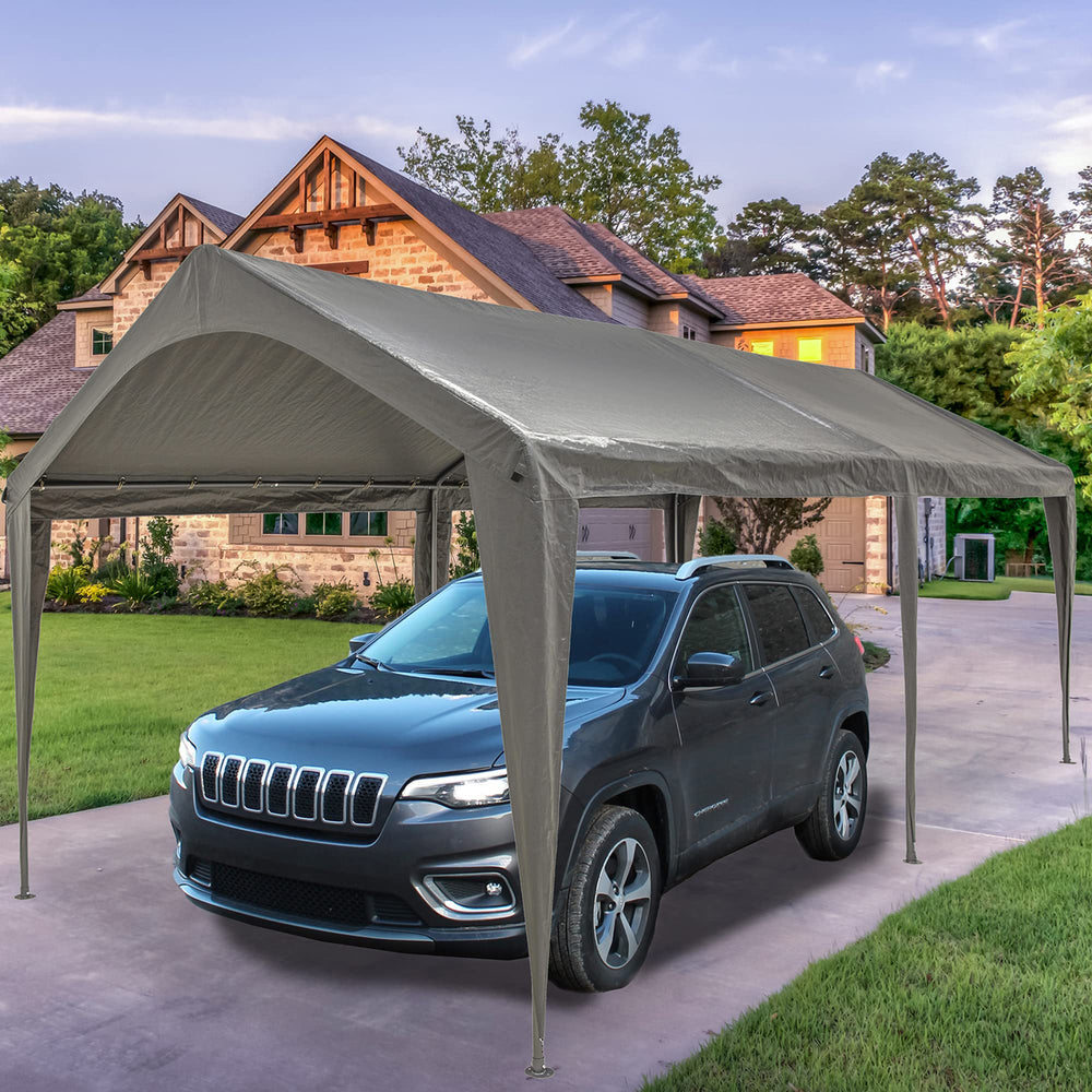 Sunnyglade carport top in use sheltering a vehicle from sun and rain