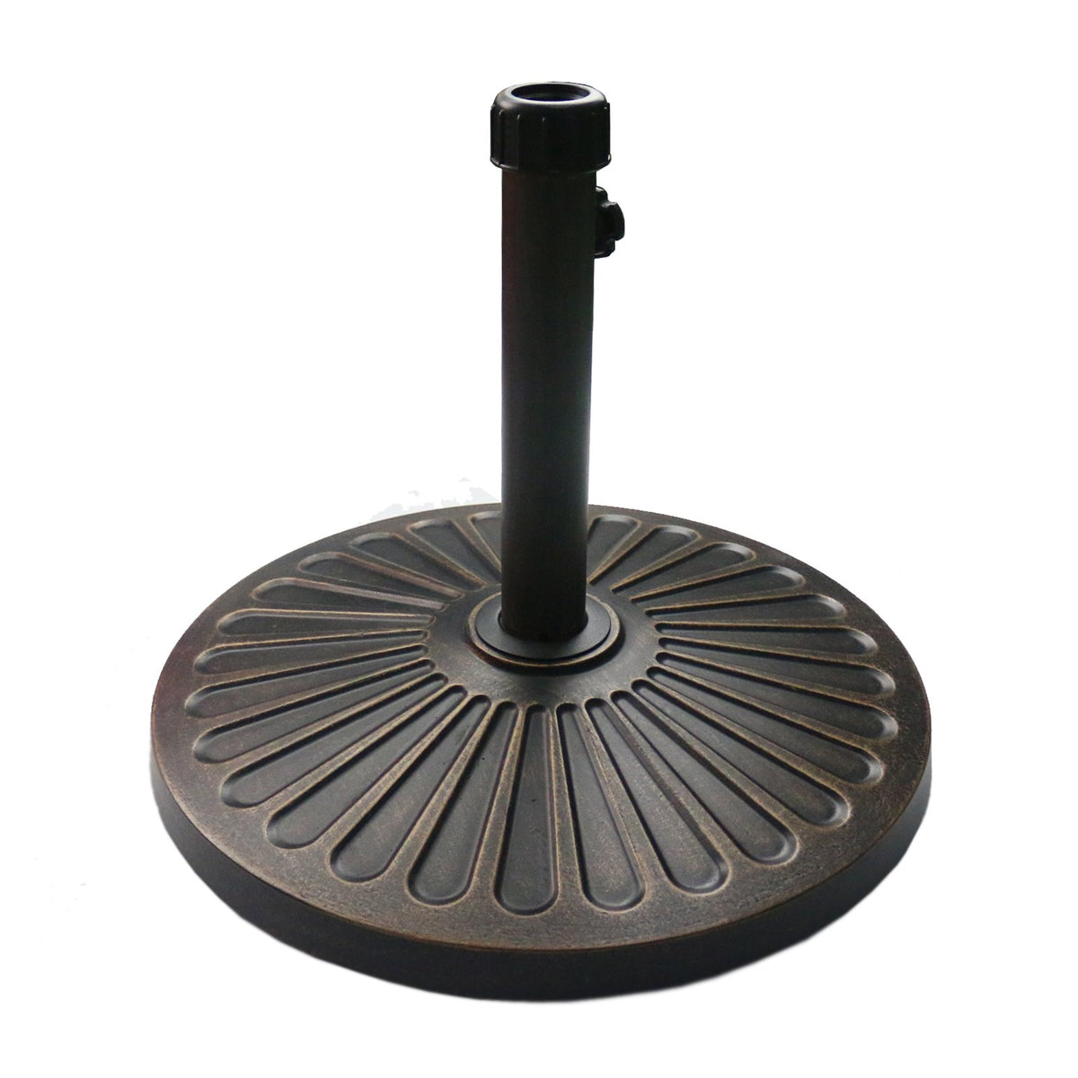 Sunnyglade front view of antiqued bronze umbrella base showing stable design and curb appeal