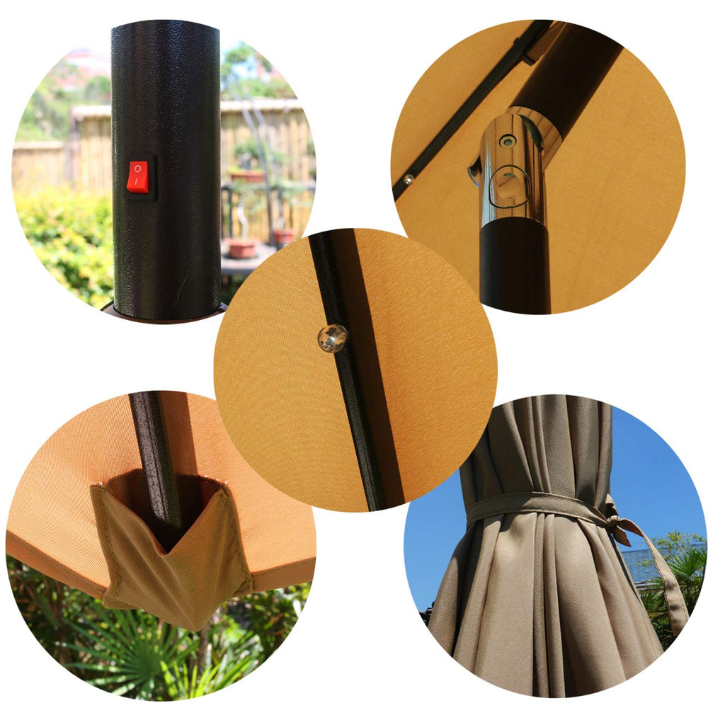 Sunnyglade umbrella beside patio set showing coverage and scale