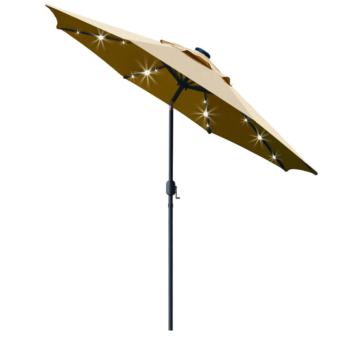 Sunnyglade umbrella front view showing light tan canopy and shade benefit