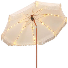 Sunnymove umbrella front view showing boho fringe and full shade benefit