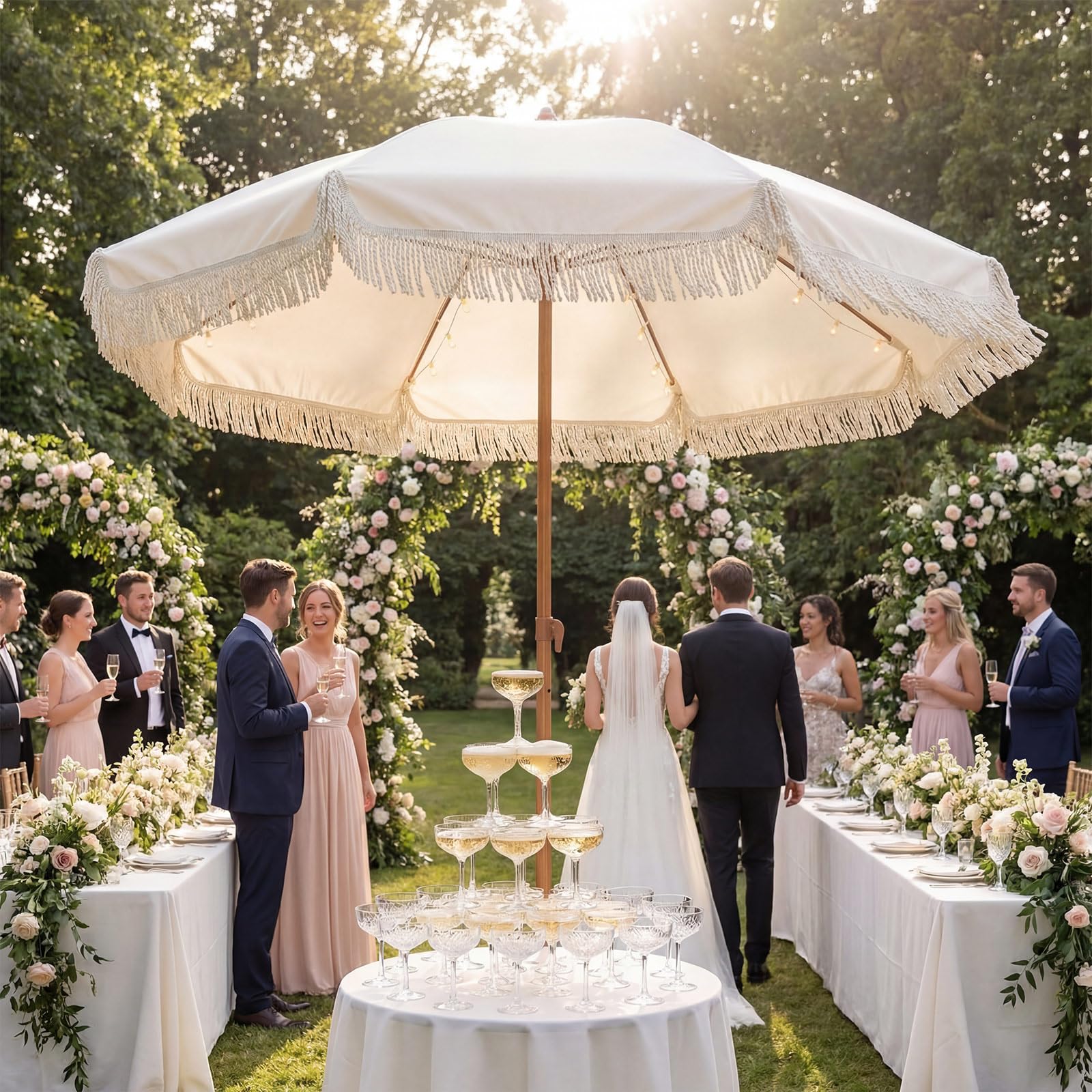 Sunnymove umbrella in use on patio providing cozy illuminated ambiance