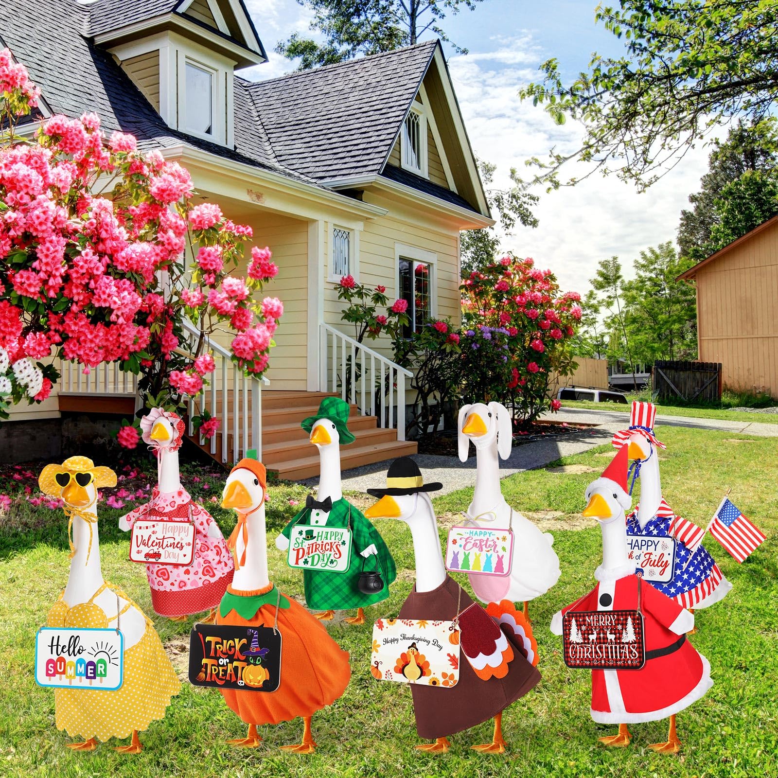 Sunnymove dressed lawn goose positioned on a decorated porch adding festive curb appeal