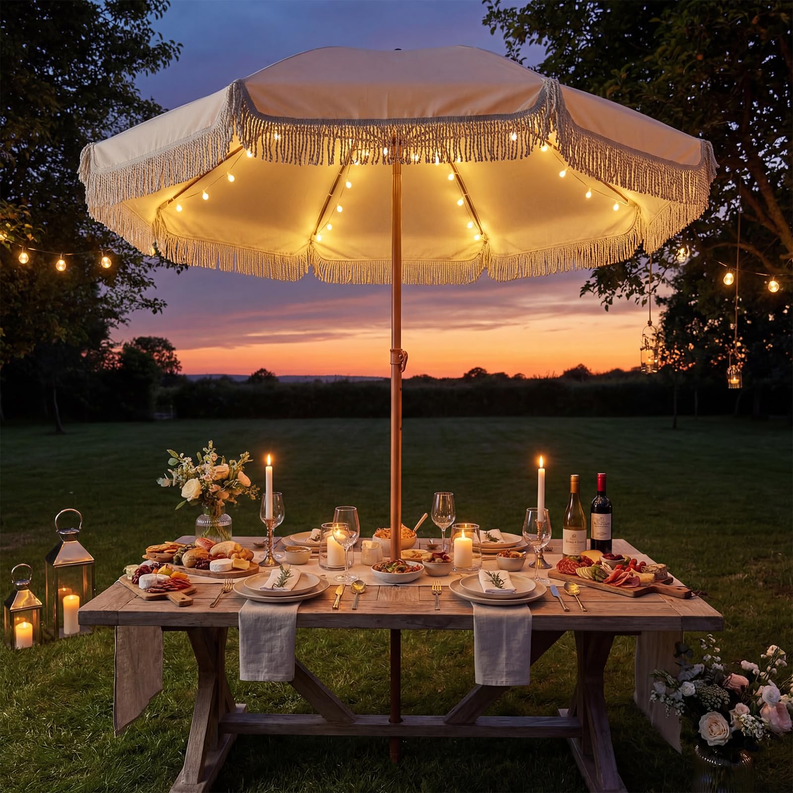 Sunnymove umbrella next to table showing size and coverage for seating