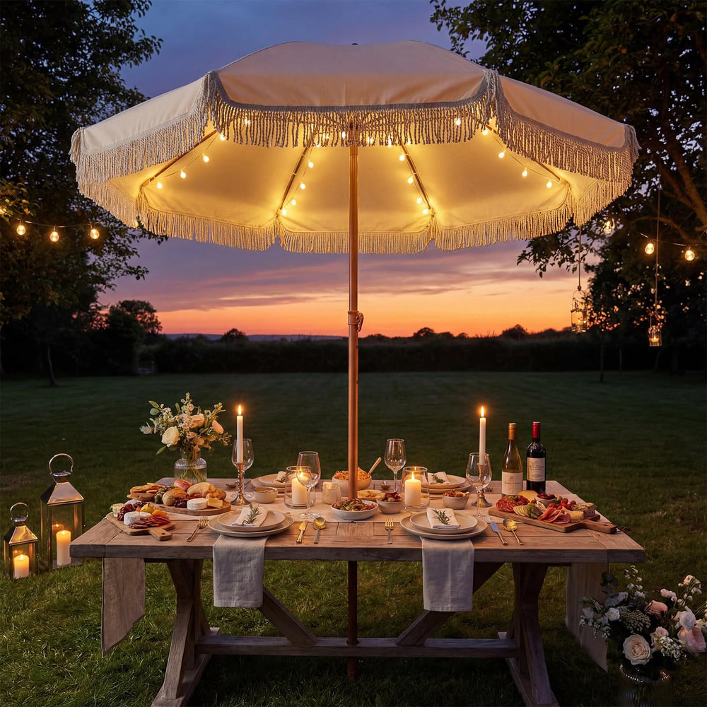 Sunnymove umbrella next to table showing size and coverage for seating