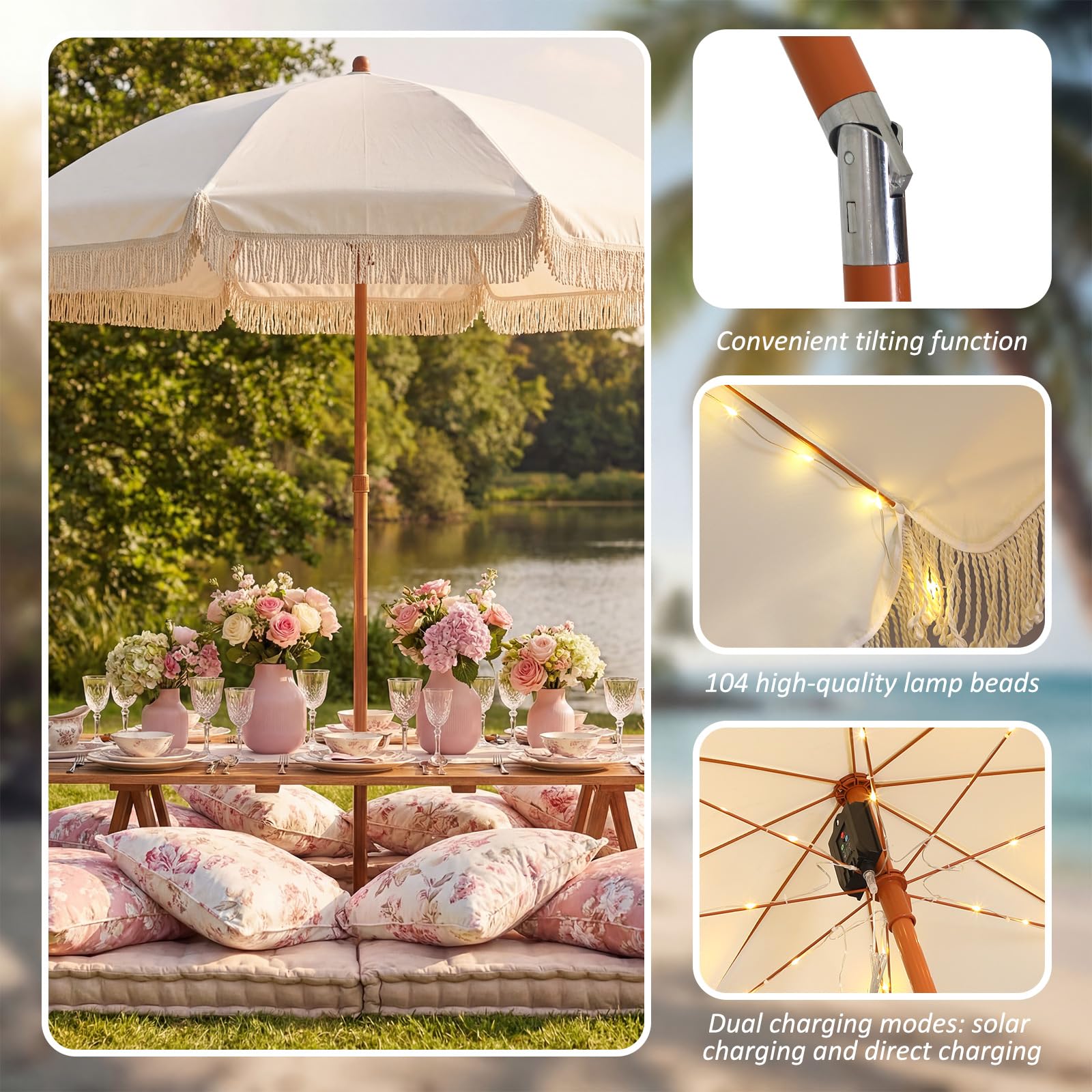 Sunnymove solar panel on umbrella top showing charging for evening lights
