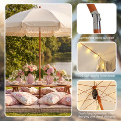 Sunnymove solar panel on umbrella top showing charging for evening lights