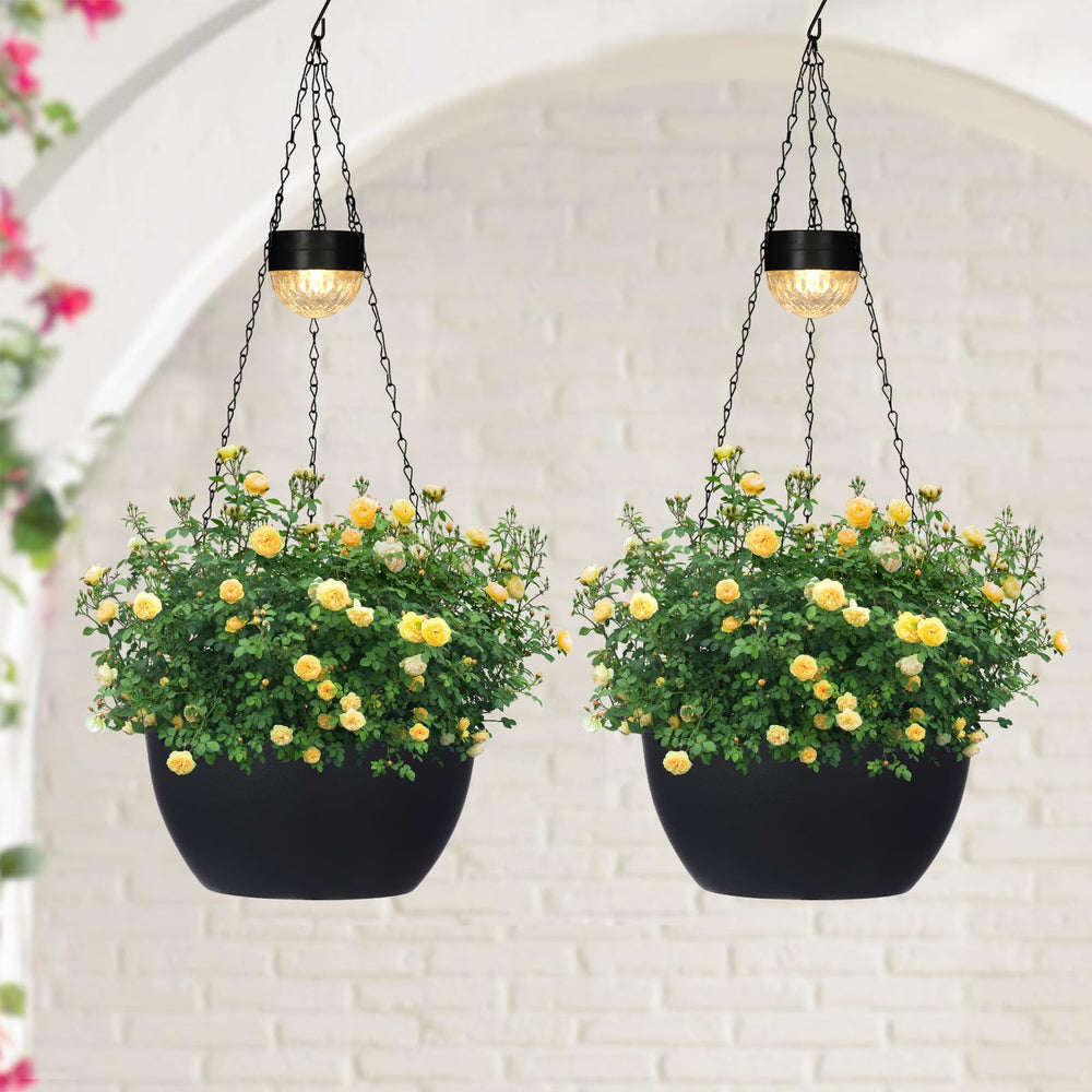 SUNNYPARK front view of two hanging planters with warm LED glow and style