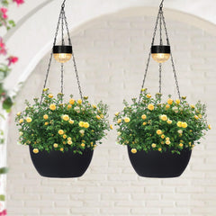 SUNNYPARK front view of two hanging planters with warm LED glow and style