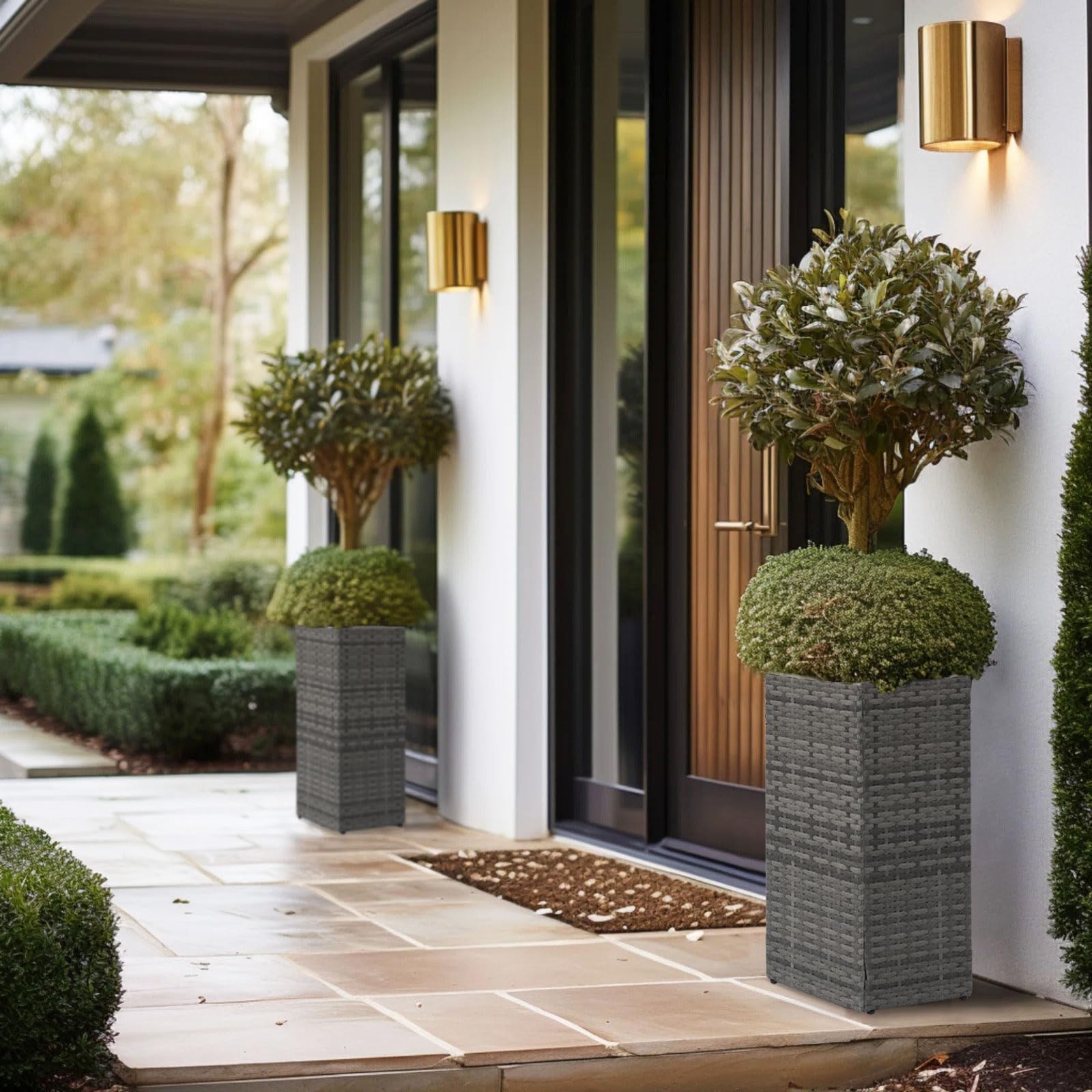 SUNNYPARK planter beside chair showing 24-inch height and space-saving footprint
