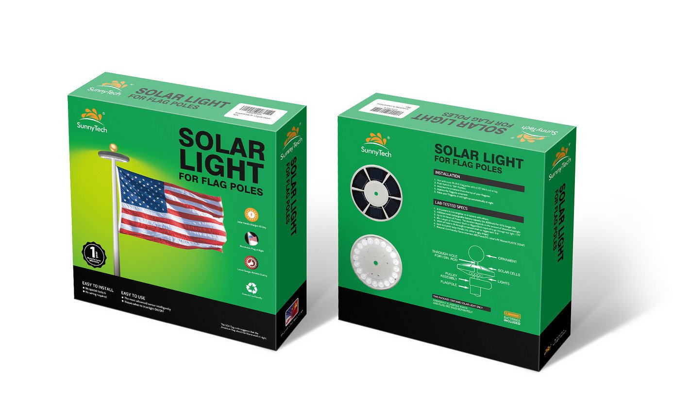 Sunnytech box open showing preinstalled rechargeable batteries and tool-free setup benefit