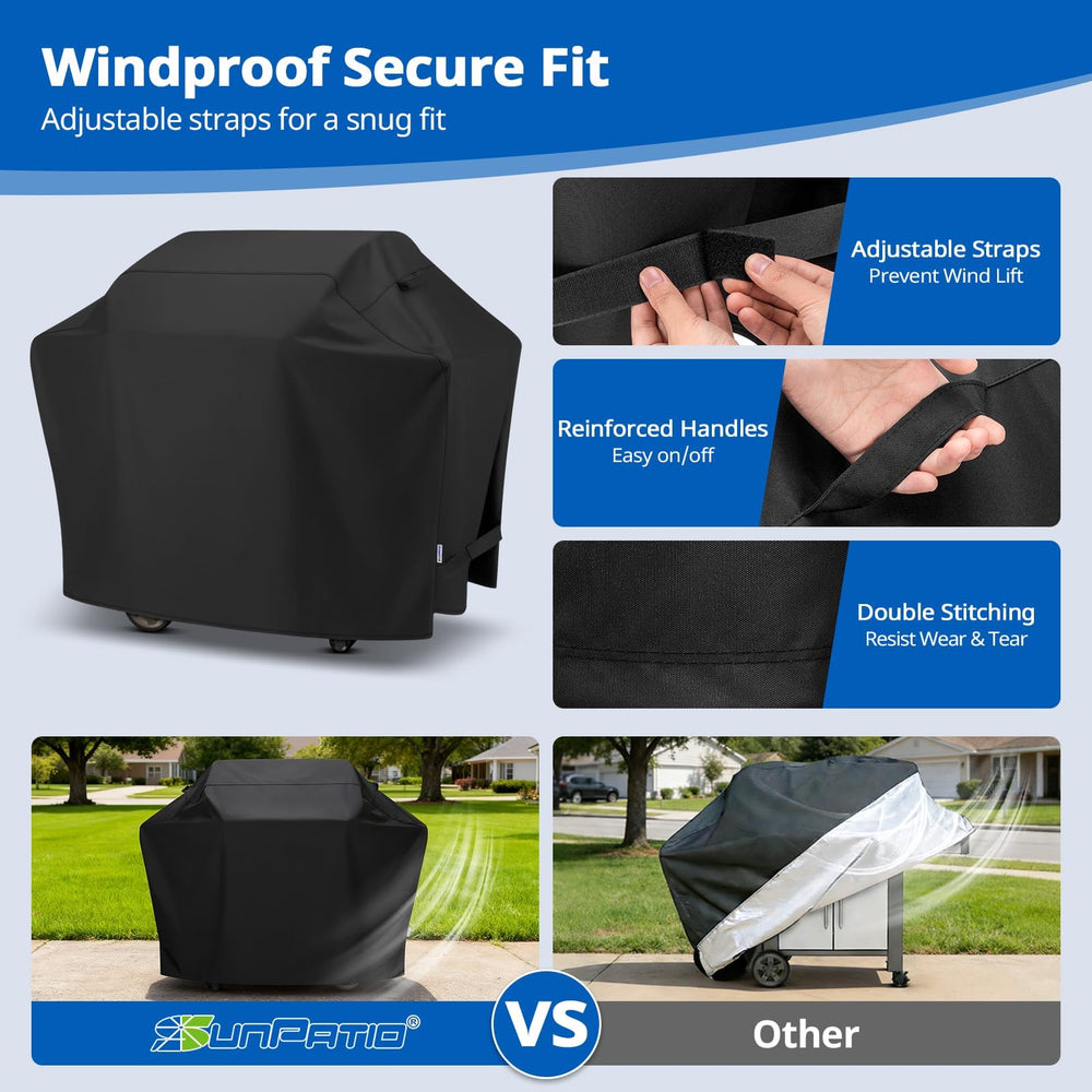 SunPatio adjustable side strap buckle detail securing cover in wind