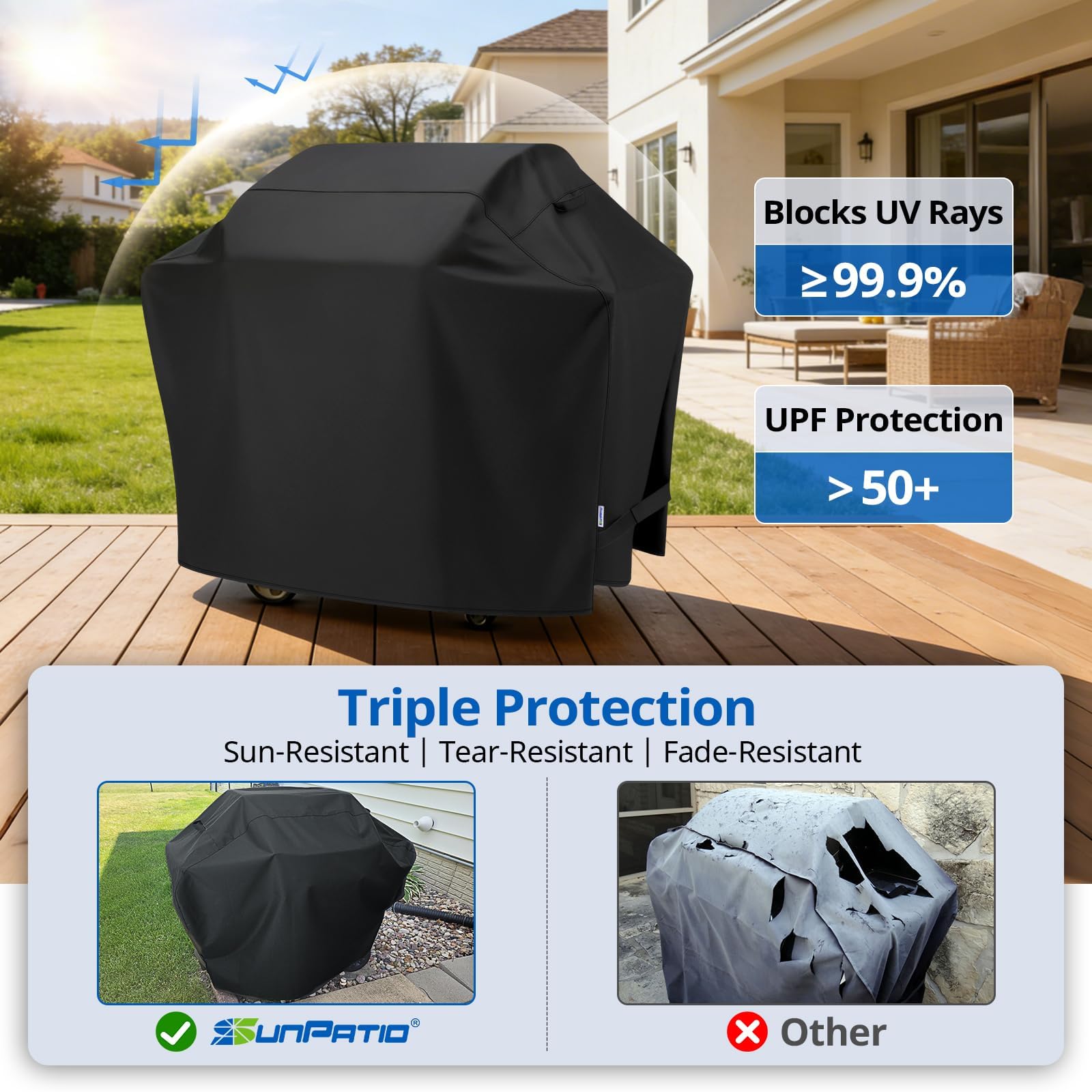 SunPatio adjustable strap clip securing cover to prevent wind lift
