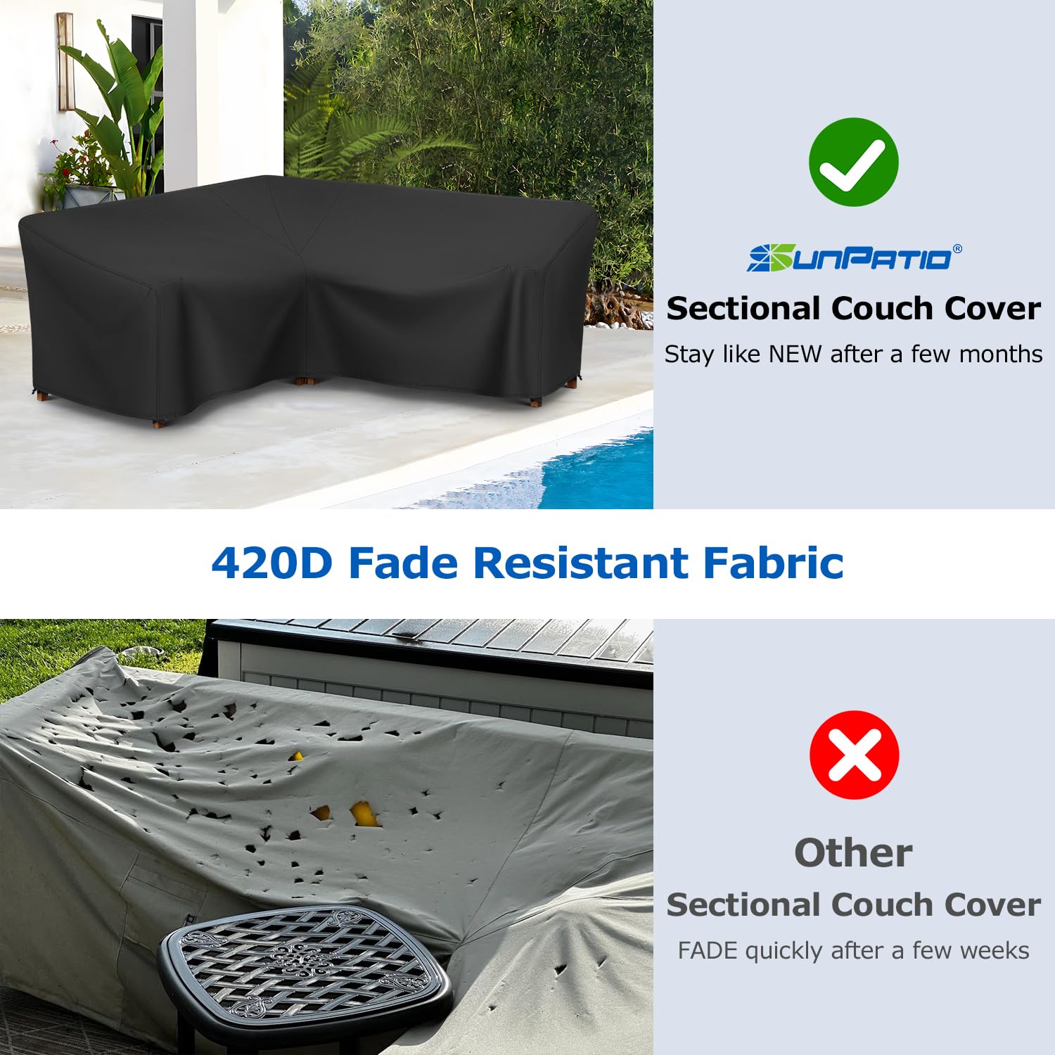 SunPatio corner strap attachment securing cover to legs for anti-blow-away benefit