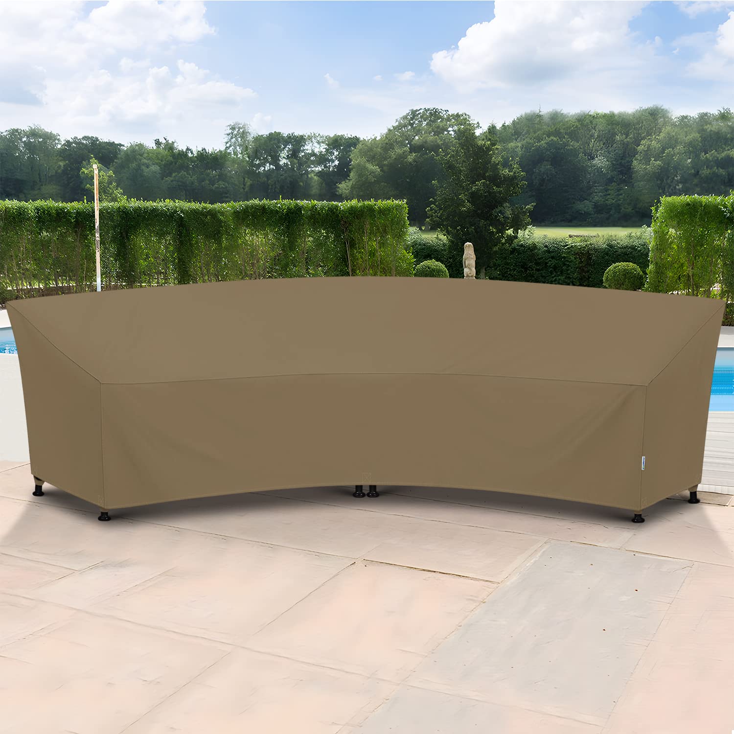 SunPatio cover with person for scale demonstrating generous dimensions and coverage