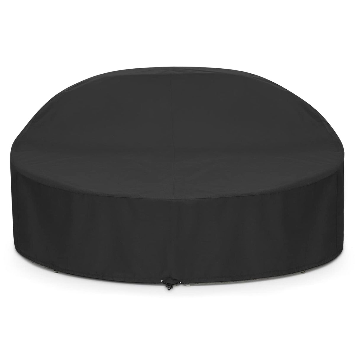 SunPatio front view cover fitted on round daybed showing full protection and neat fit