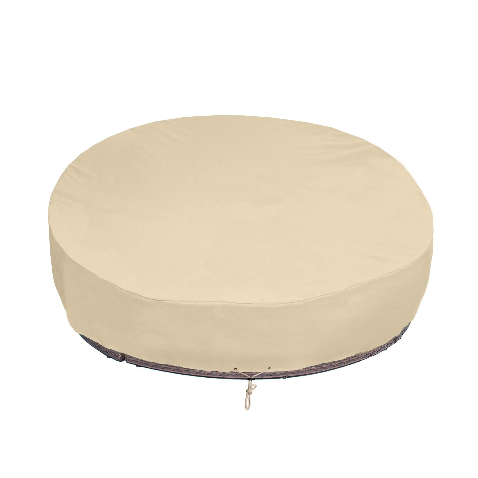 SunPatio cover front view protecting round daybed, visible fit and protection