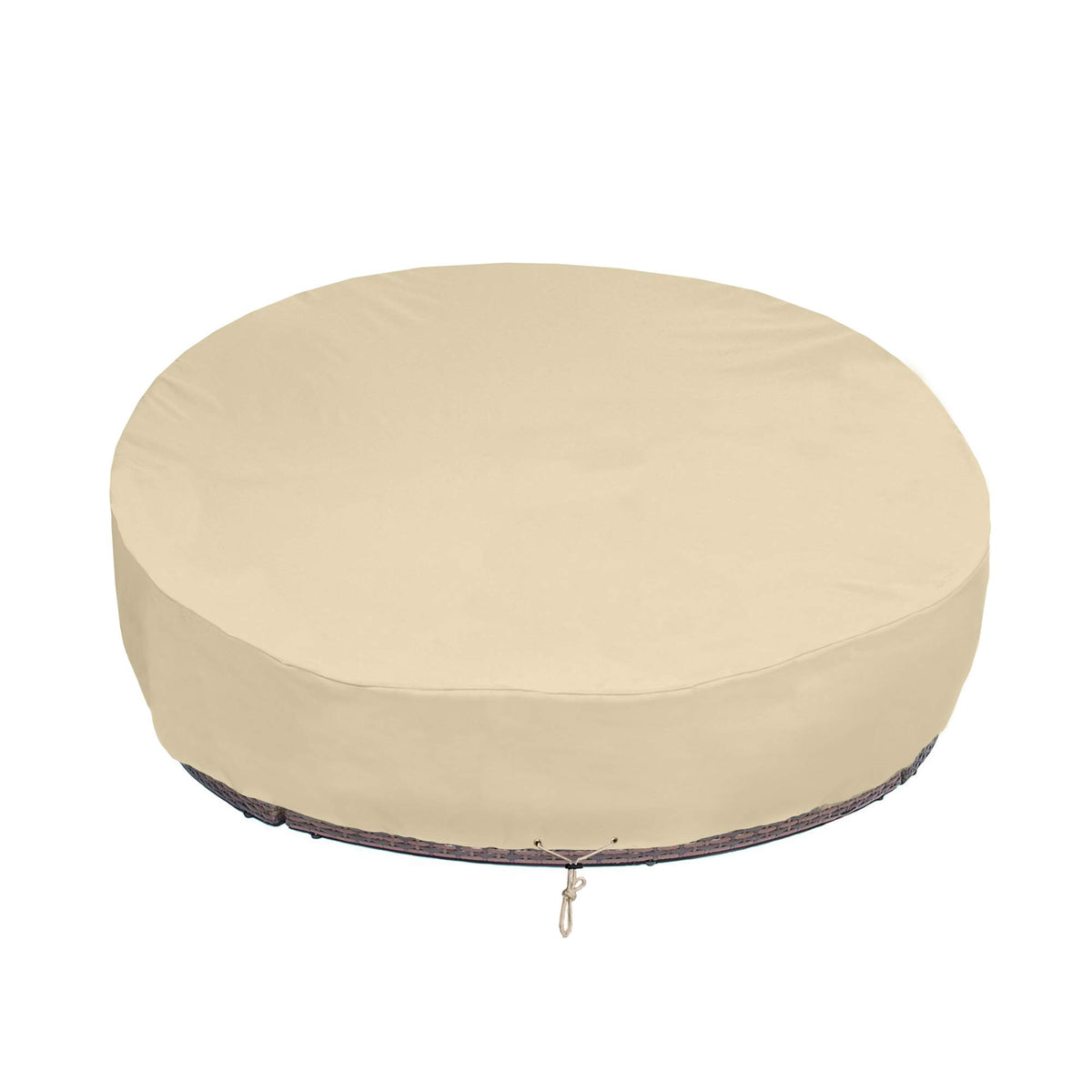 SunPatio cover front view protecting round daybed, visible fit and protection