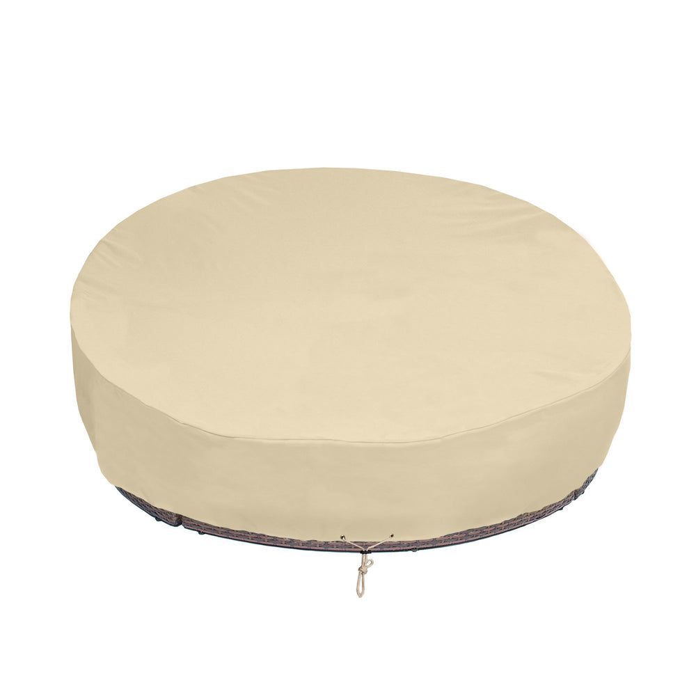 SunPatio cover front view protecting a round daybed, weather protection