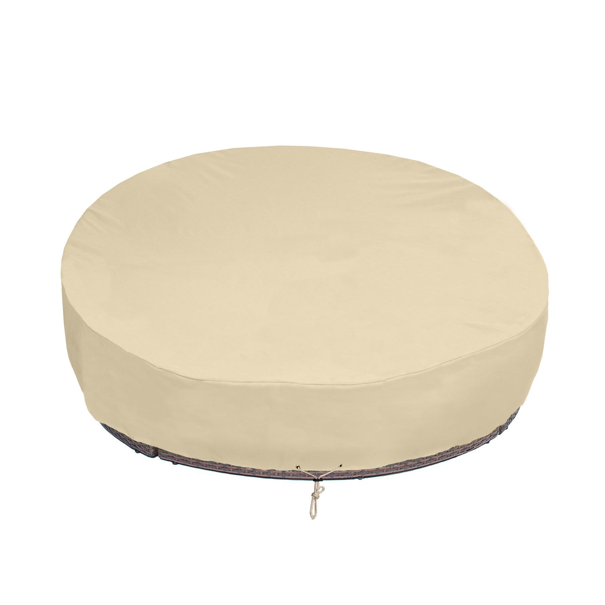 SunPatio cover front view protecting a round daybed, weather protection
