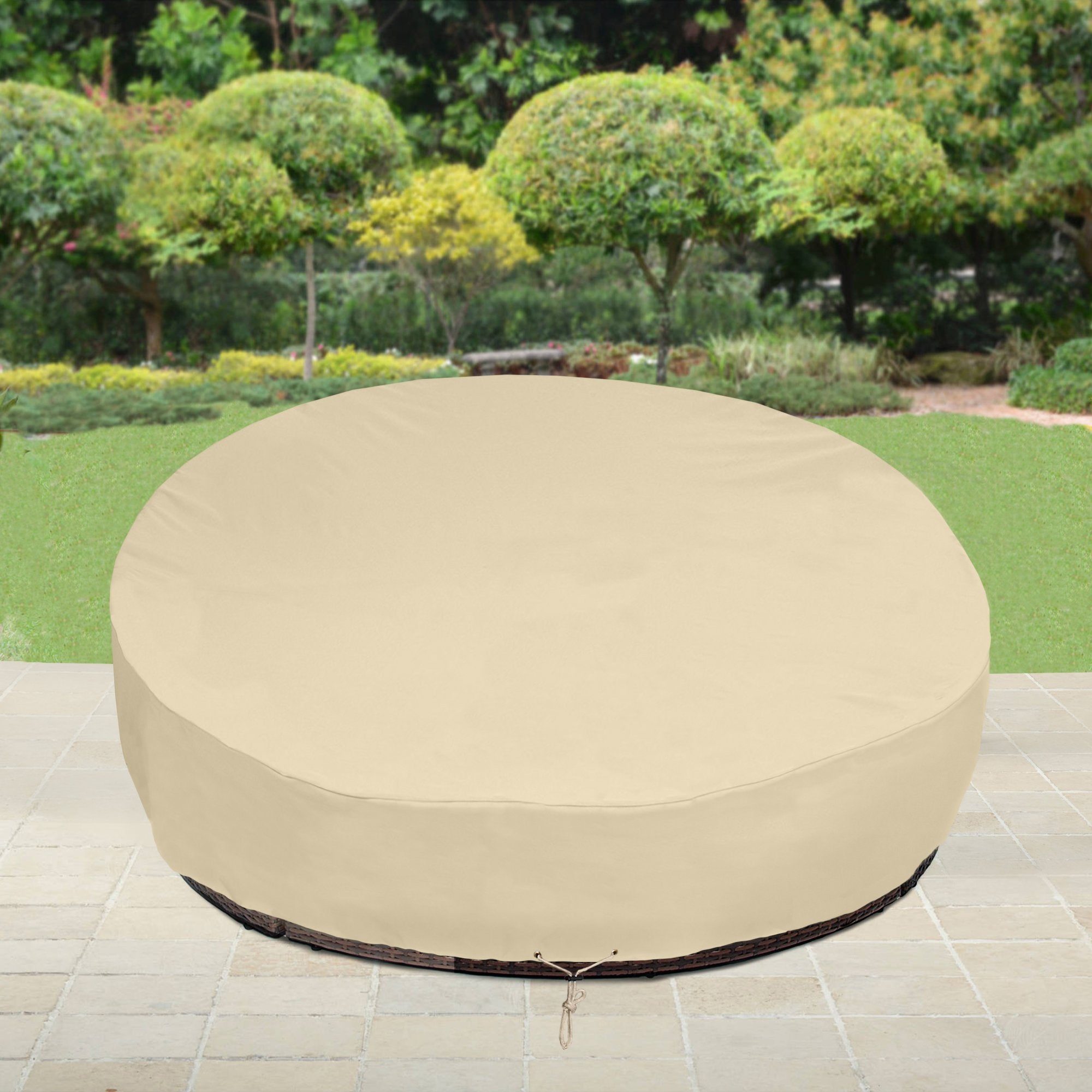 SunPatio cover next to chair showing scale and correct fit for daybed