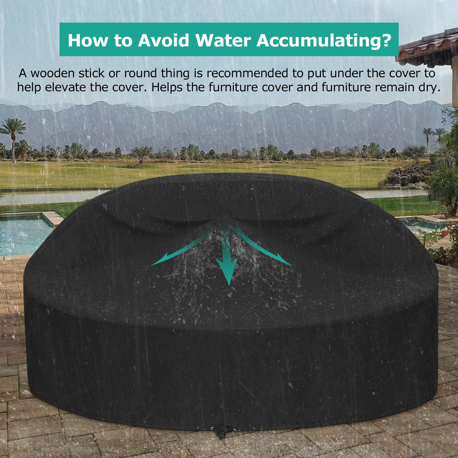 SunPatio cover beside measuring tape illustrating 75 inch diameter fit guidance
