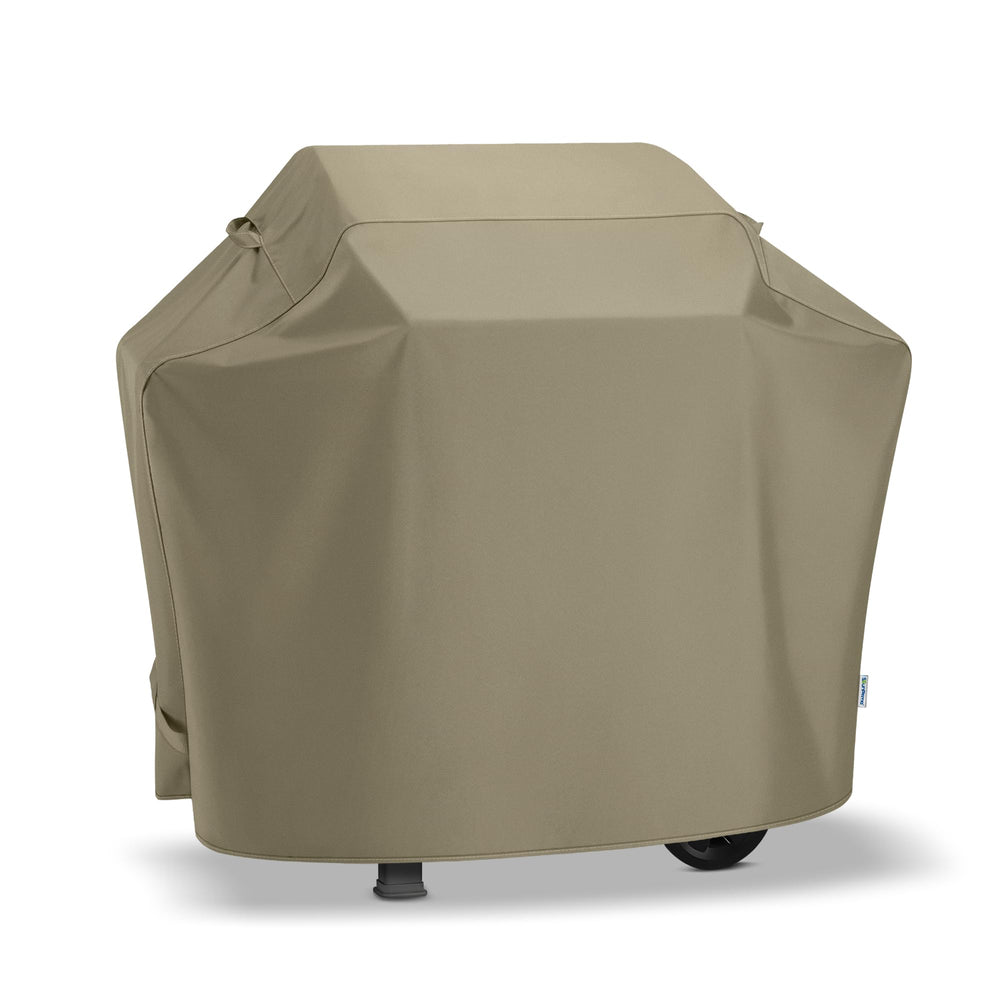 SunPatio cover front view showing full taupe protection and neat fit