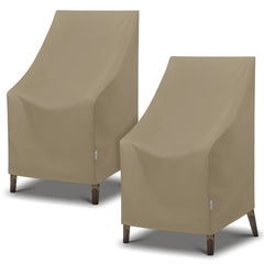 SunPatio front view of taupe high-back chair covers protecting furniture outdoors