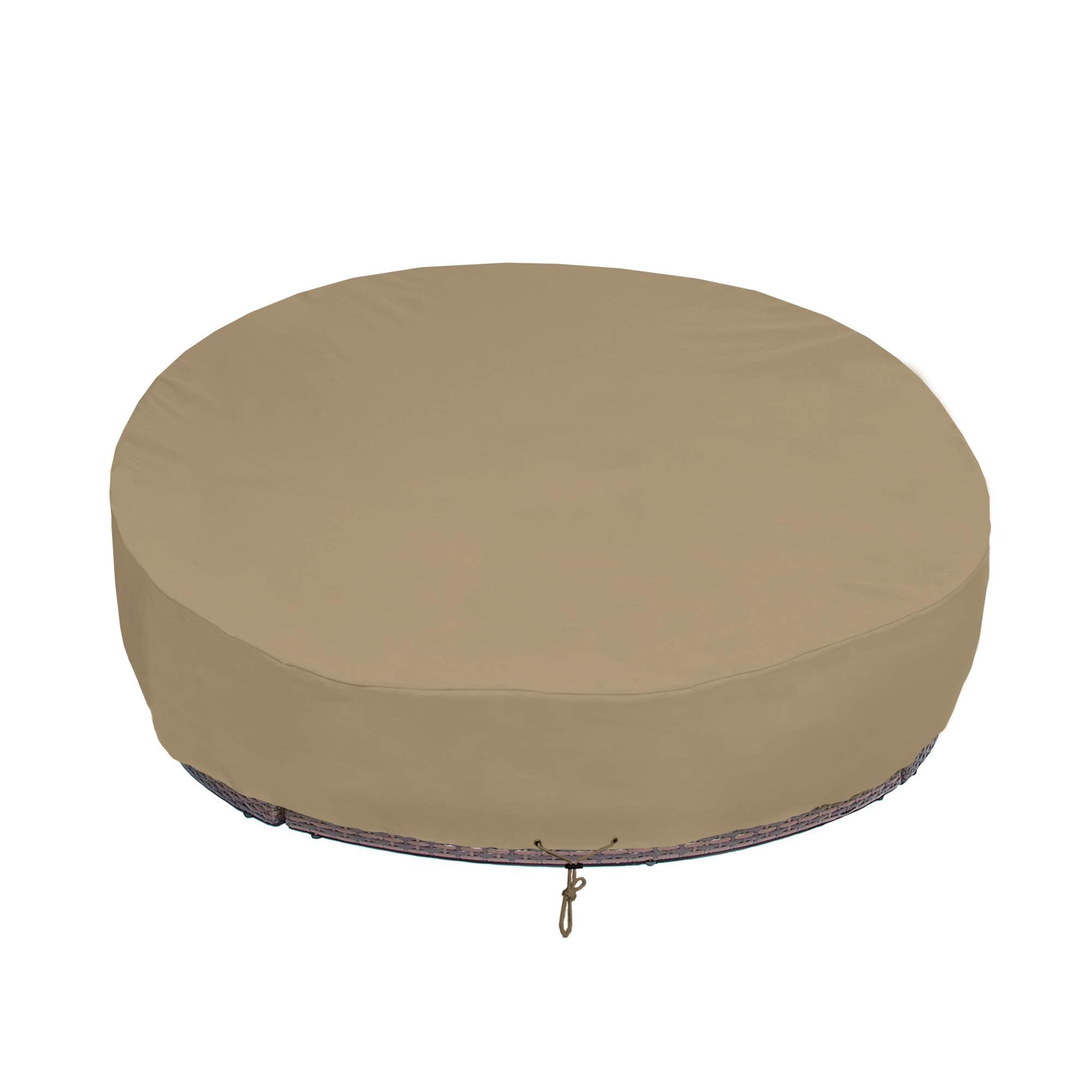 SunPatio front view of taupe round daybed cover showing full protection