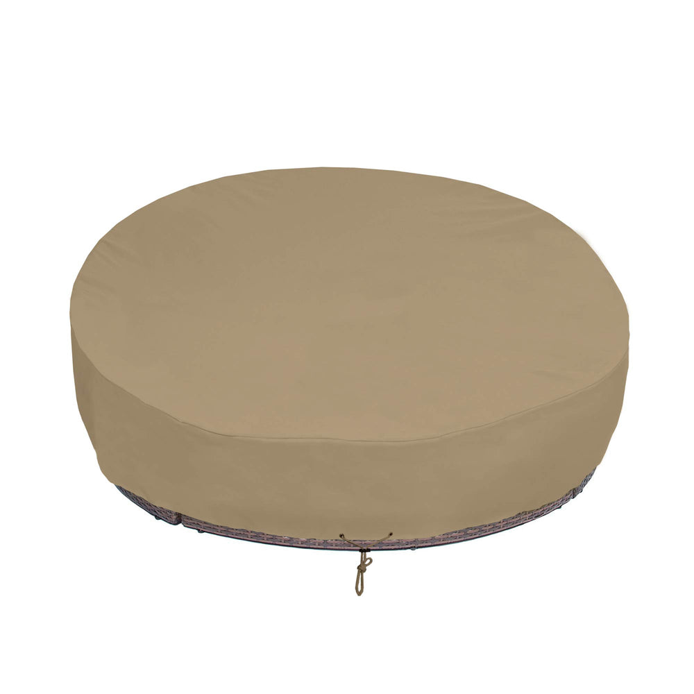 SunPatio front view of taupe round daybed cover showing full protection