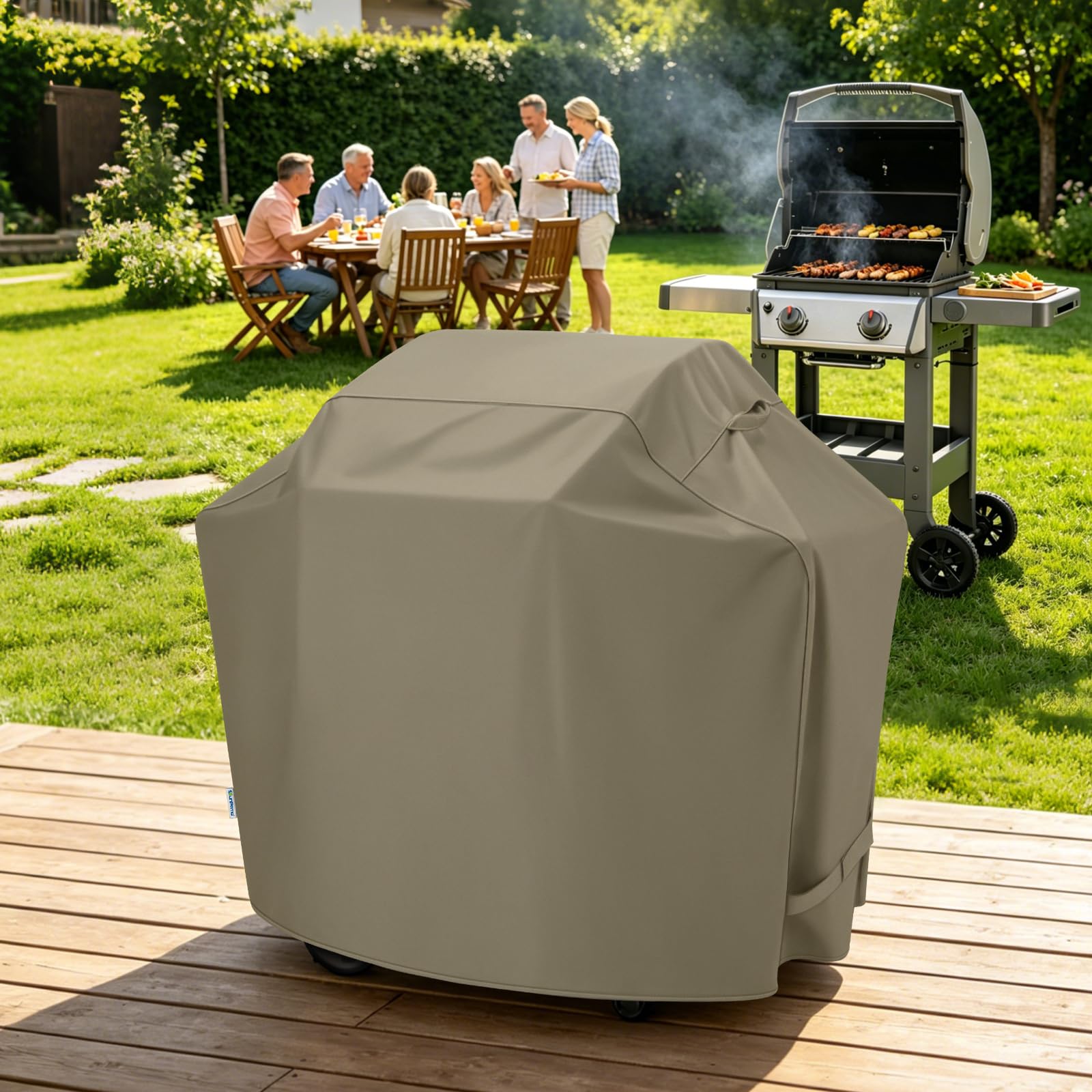 SunPatio cover next to chair to show scale and fit for compact grills