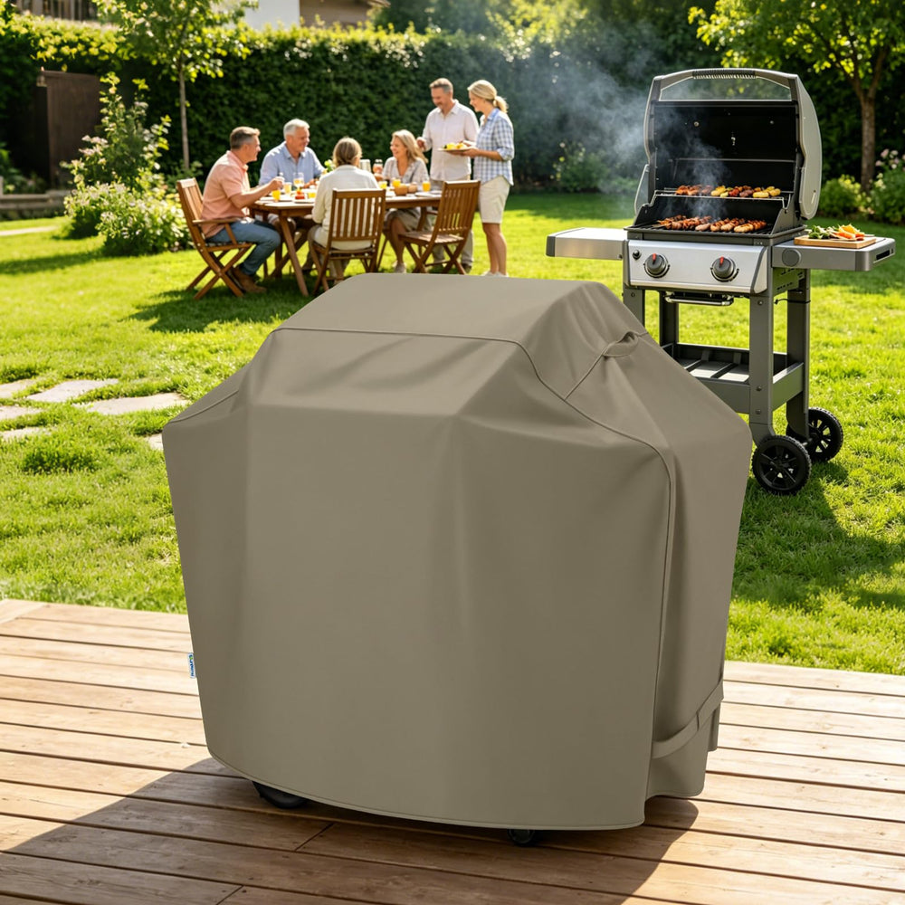 SunPatio cover next to chair to show scale and fit for compact grills